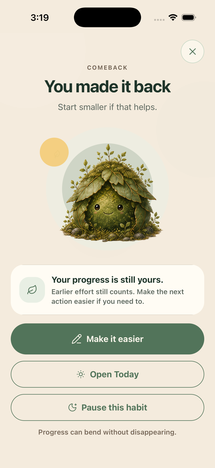 Somehow Growing Comeback screen showing all three recovery choices without erasing earlier progress