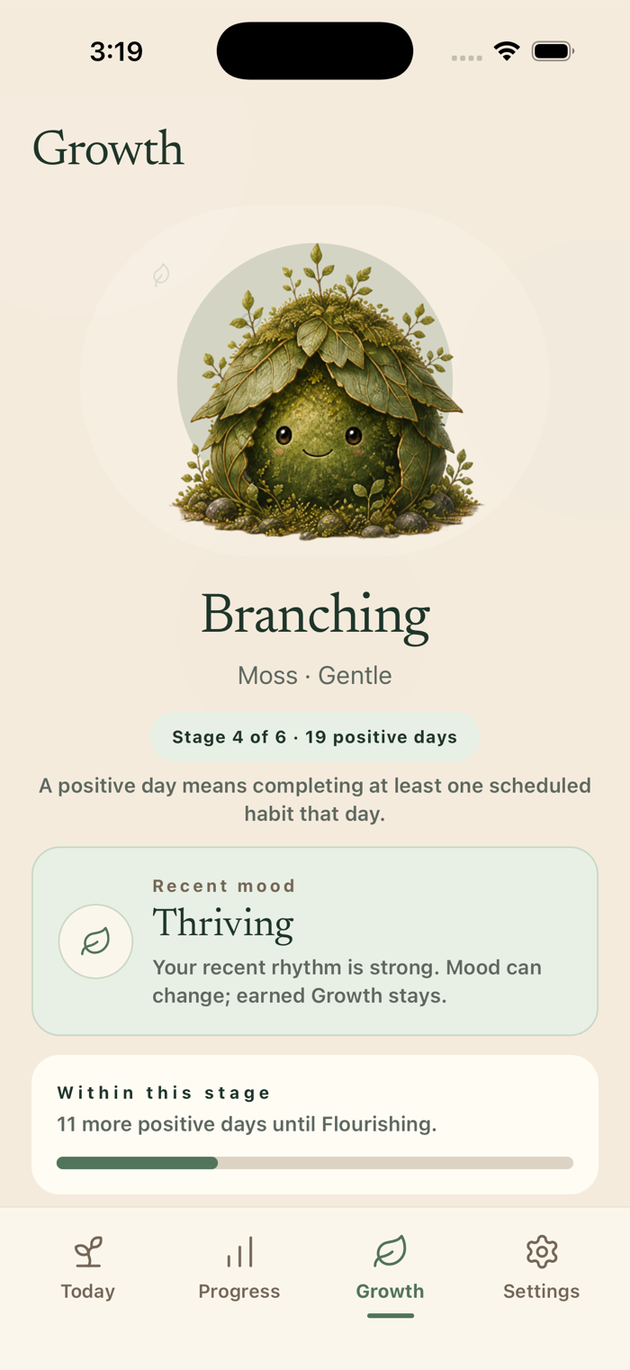 Somehow Growing Growth screen showing your companion and a persistent six-stage evolution path