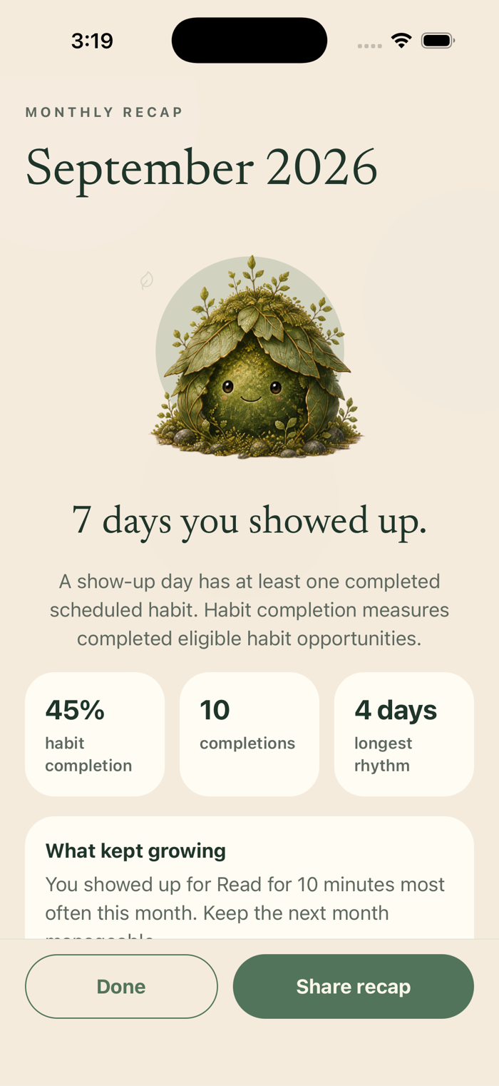 Somehow Growing Monthly Recap showing habit completion separately from days the user showed up