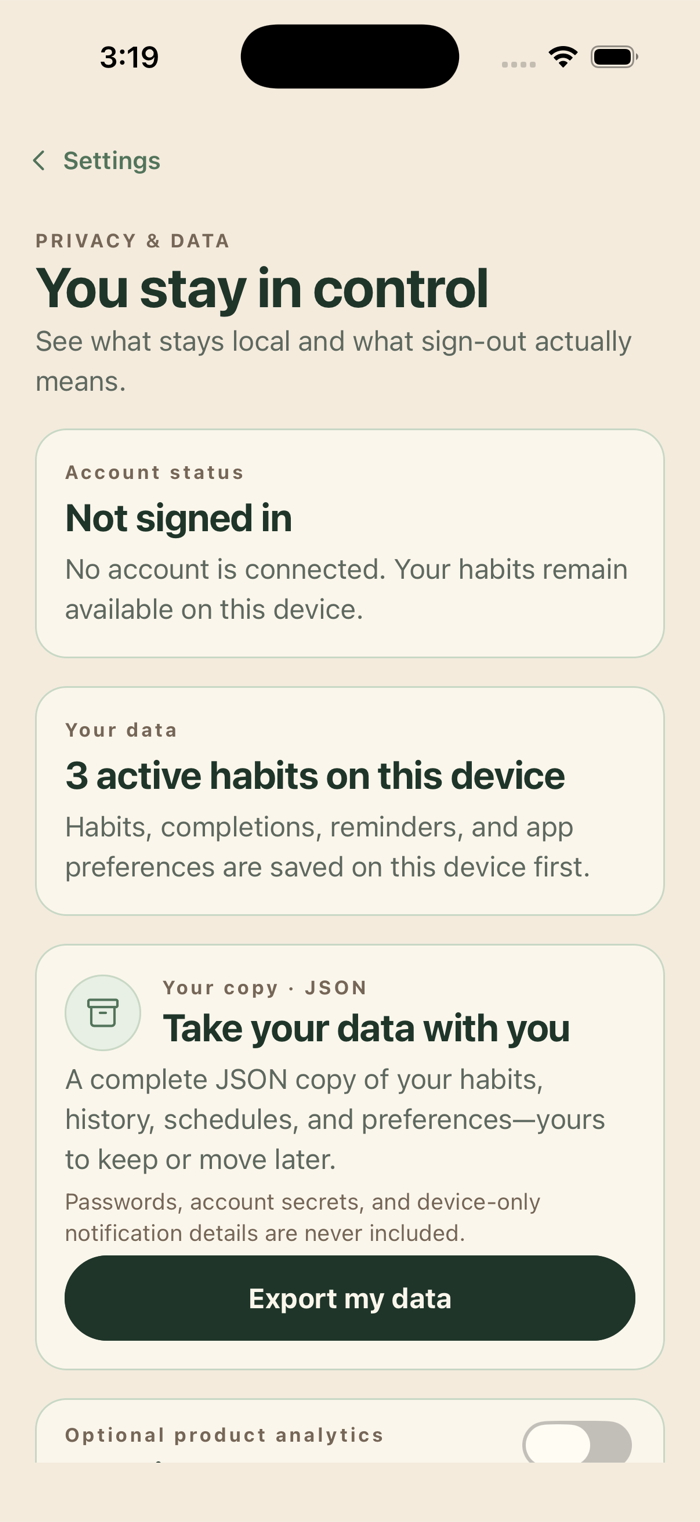 Somehow Growing Privacy and Data screen showing local device storage and separate account, backup and privacy controls