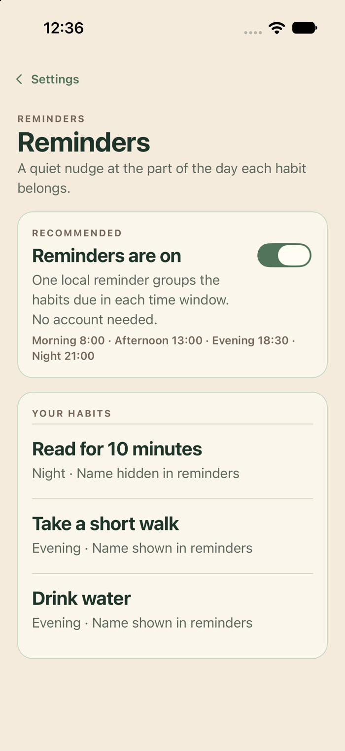 Somehow Growing reminder settings showing local reminders turned on, time windows and private habit-name choices